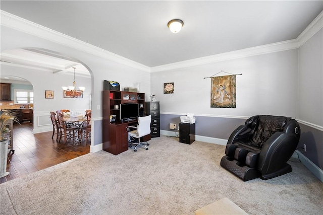 300 Holland Loop, Smiths Station, AL 36877 - office area with arched walkways, crown molding, a chandelier, and carpet flooring