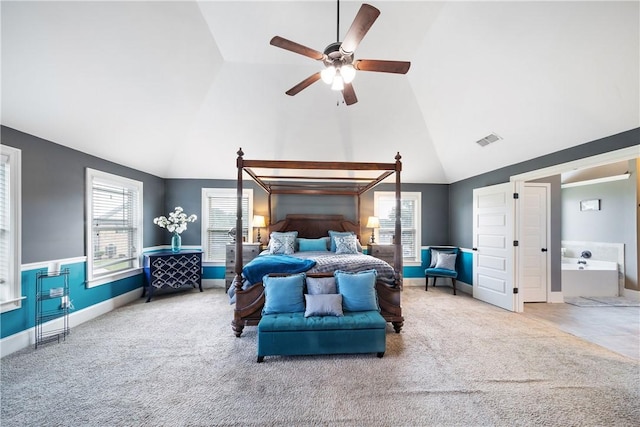 300 Holland Loop, Smiths Station, AL 36877 - bedroom with high vaulted ceiling, carpet, multiple windows, and a ceiling fan