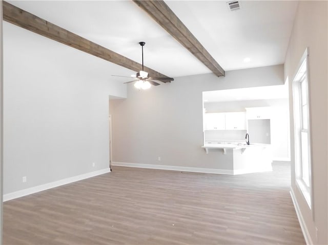 unfurnished living room with ceiling fan, sink, a healthy amount of sunlight, beamed ceiling, and light wood-type flooring