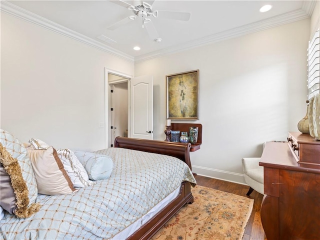 1655 Alex Ave, Auburn, AL 36030 - bedroom with wood finished floors, crown molding, baseboards, recessed lighting, and ceiling fan