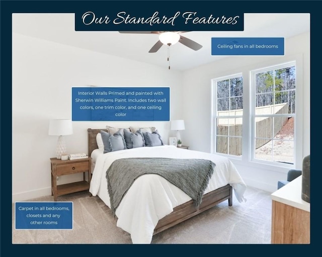 bedroom featuring light colored carpet and ceiling fan