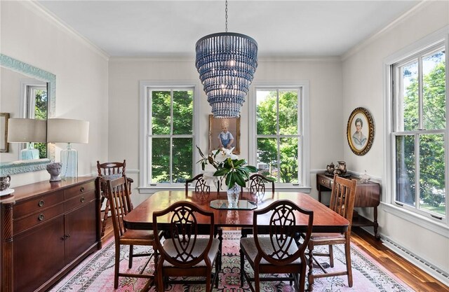 613 5th Ave, Opelika, AL 36801 - dining space with light wood-style flooring, a chandelier, crown molding, and a baseboard radiator