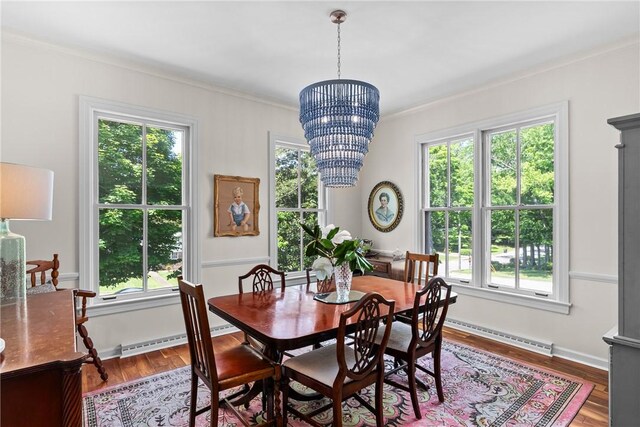 613 5th Ave, Opelika, AL 36801 - dining room featuring baseboard heating, crown molding, a chandelier, wood finished floors, and baseboards