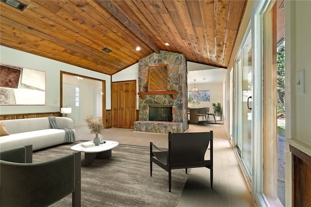 158 Alice Cir, Auburn, AL 36830 - living area featuring a stone fireplace, wood ceiling, healthy amount of natural light, and wood finished floors