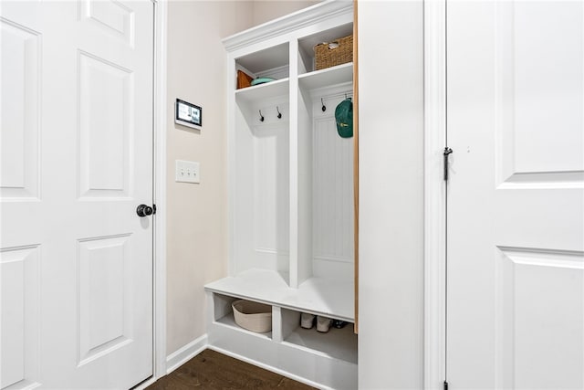 1803 Solamere Ct, Auburn, AL 36832 - mudroom featuring dark wood-style floors and baseboards