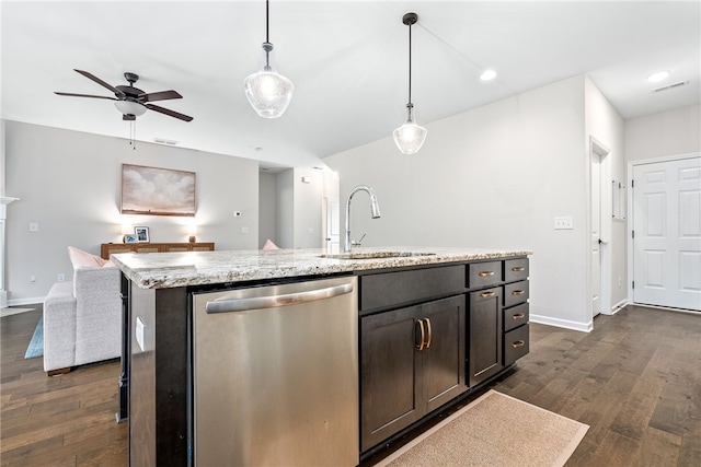 1803 Solamere Ct, Auburn, AL 36832 - kitchen with dishwasher, a sink, open floor plan, dark wood-type flooring, and recessed lighting