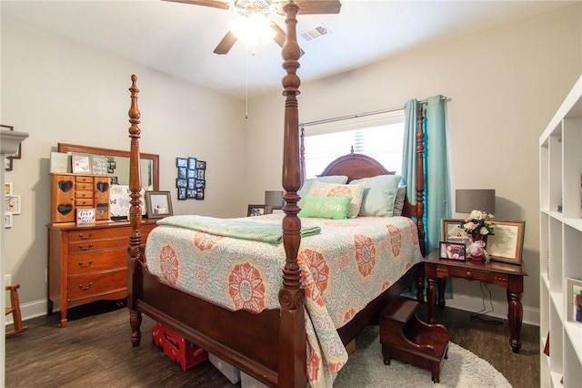 bedroom featuring ceiling fan and dark wood-type flooring