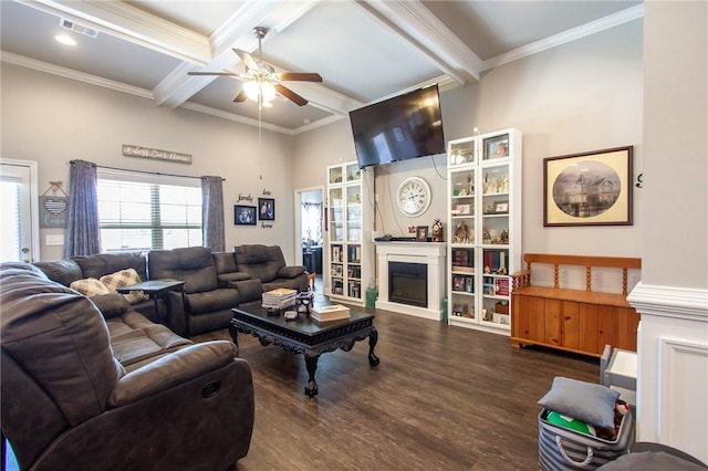 living room featuring ornamental molding, coffered ceiling, ceiling fan, dark wood-type flooring, and beam ceiling