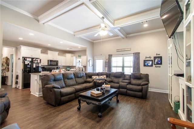 living room with beam ceiling, ceiling fan, dark wood-type flooring, coffered ceiling, and ornamental molding