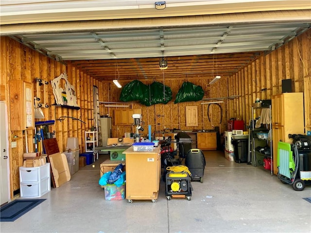 garage with wood walls