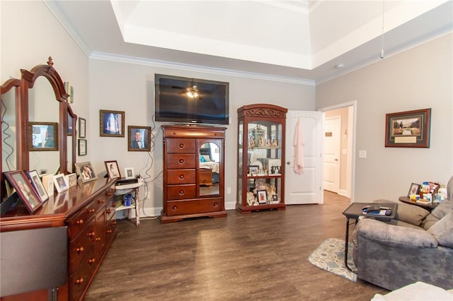 interior space with dark hardwood / wood-style floors, a raised ceiling, and ornamental molding