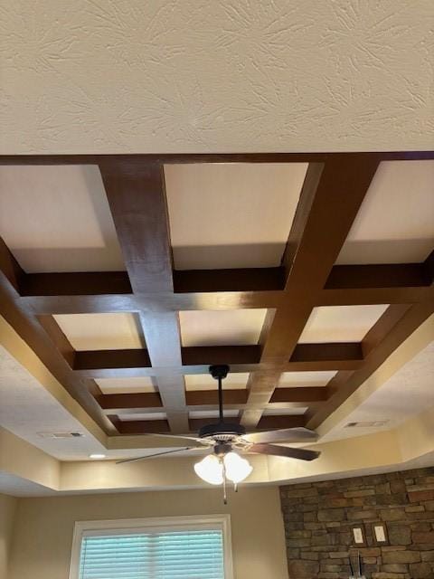 interior details featuring a ceiling fan, beam ceiling, and coffered ceiling