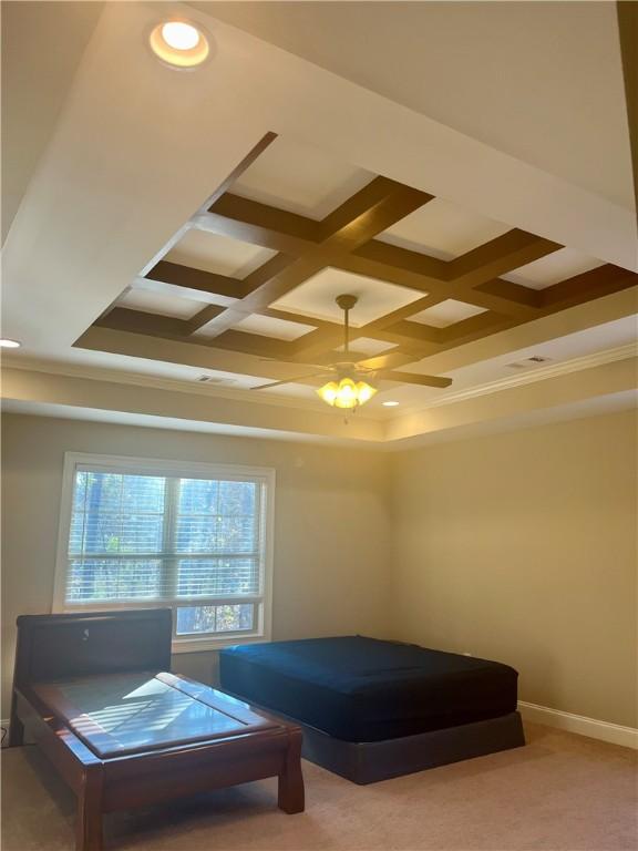 bedroom featuring carpet, baseboards, coffered ceiling, and recessed lighting