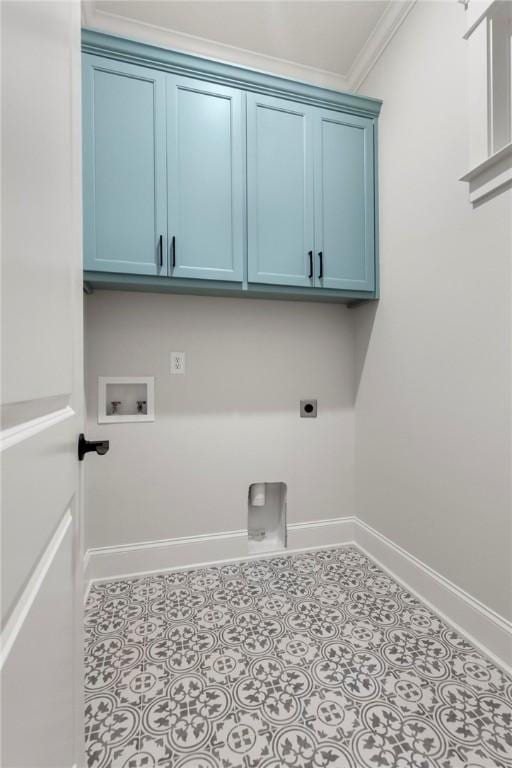 3547 Eagle Trl, Opelika, AL 36801 - laundry area featuring electric dryer hookup, baseboards, cabinet space, hookup for a washing machine, and crown molding