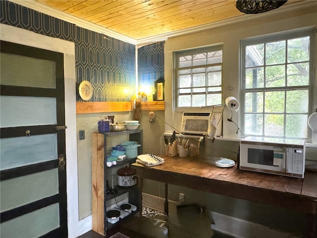 office with crown molding, cooling unit, and wooden ceiling