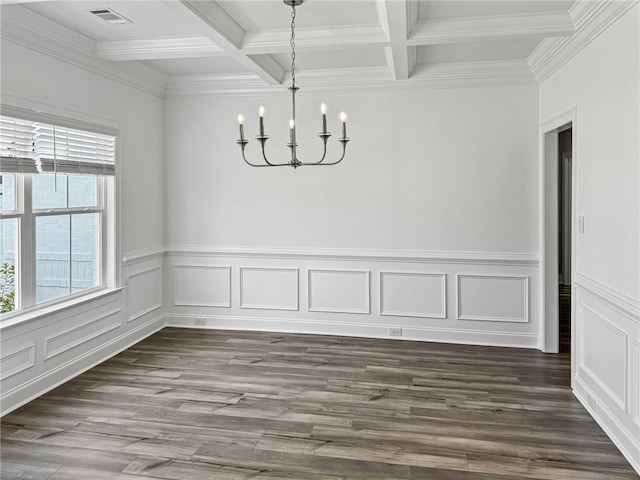 unfurnished dining area with coffered ceiling, an inviting chandelier, crown molding, beamed ceiling, and dark hardwood / wood-style flooring