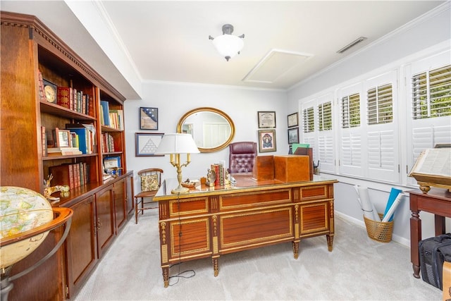 406 Saint Francis Rd, Eufaula, AL 36027 - office with light carpet, ornamental molding, and baseboards
