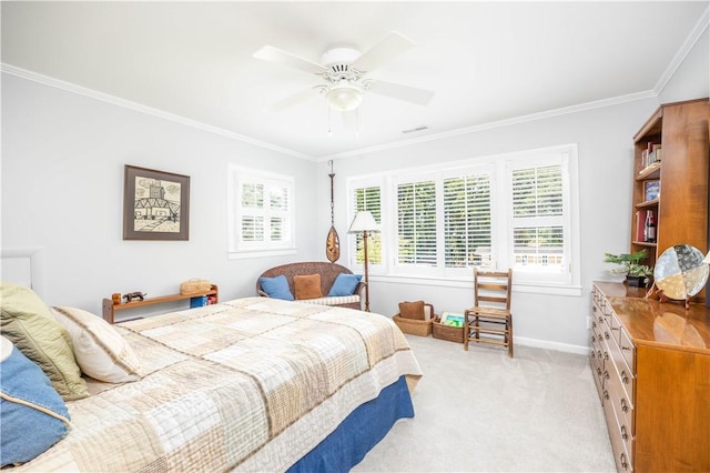406 Saint Francis Rd, Eufaula, AL 36027 - bedroom with light colored carpet, multiple windows, ornamental molding, baseboards, and ceiling fan