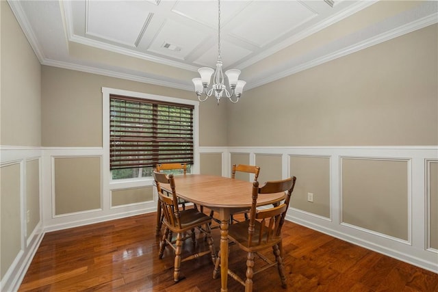 dining area with coffered ceiling, crown molding, dark hardwood / wood-style floors, and a chandelier