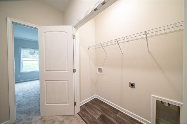 clothes washing area with hookup for a washing machine, dark wood-style floors, baseboards, hookup for an electric dryer, and laundry area