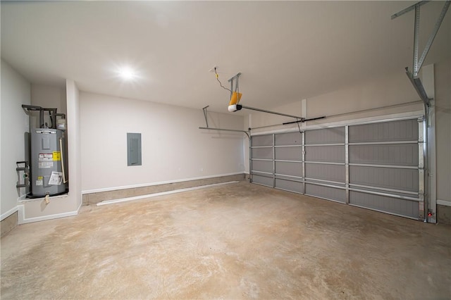 garage featuring electric panel, a garage door opener, baseboards, and electric water heater