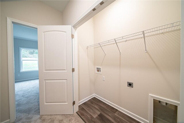 laundry room featuring electric dryer hookup, dark wood-style floors, baseboards, hookup for a washing machine, and laundry area