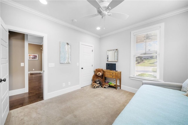 3102 Quail Run, Opelika, AL 36801 - carpeted bedroom with crown molding, recessed lighting, and ceiling fan