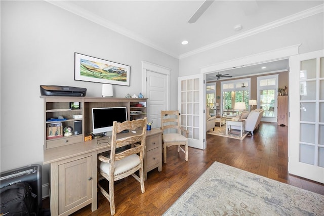 3102 Quail Run, Opelika, AL 36801 - office area featuring ceiling fan, french doors, dark wood-type flooring, ornamental molding, and recessed lighting