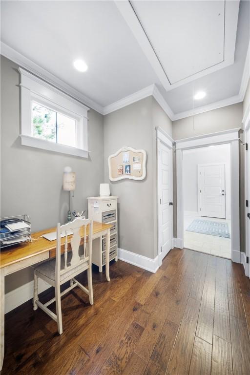 3102 Quail Run, Opelika, AL 36801 - office area featuring attic access, ornamental molding, dark wood-style floors, and recessed lighting