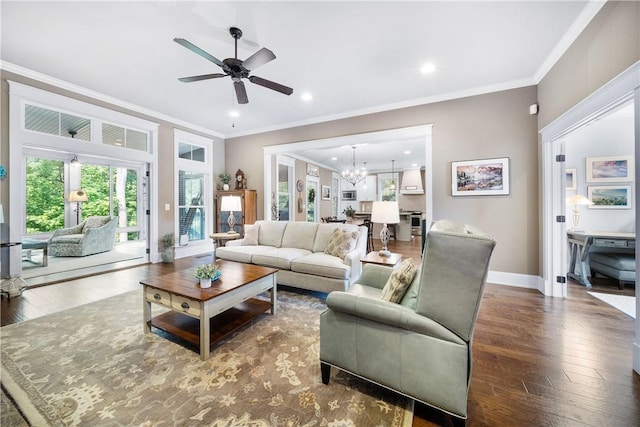 3102 Quail Run, Opelika, AL 36801 - living area featuring plenty of natural light, hardwood / wood-style floors, crown molding, ceiling fan, and a chandelier