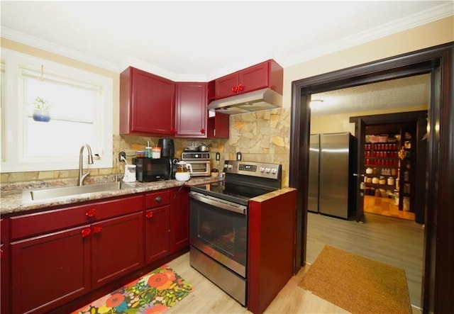 kitchen with appliances with stainless steel finishes, light hardwood / wood-style floors, sink, backsplash, and ornamental molding