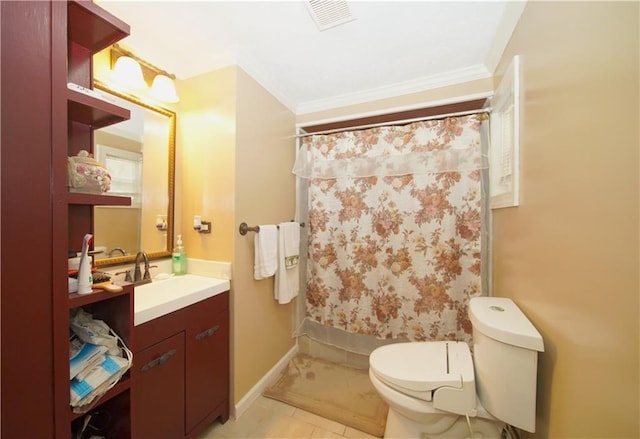 bathroom with toilet, vanity, tile patterned flooring, and crown molding