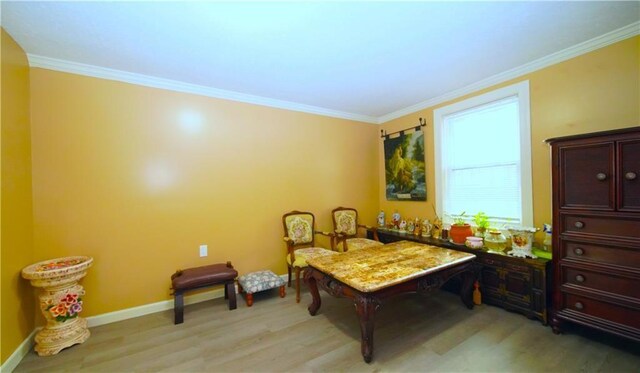 interior space featuring light hardwood / wood-style floors and ornamental molding