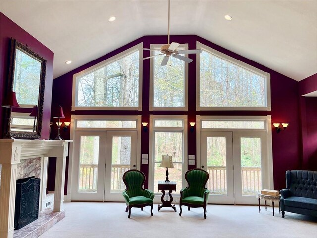 335 Forsythia Ct, Auburn, AL 36830 - living room featuring carpet flooring, a ceiling fan, plenty of natural light, high vaulted ceiling, and recessed lighting