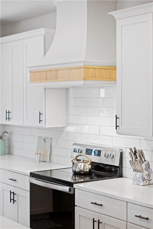 kitchen with white cabinetry, stainless steel electric stove, and tasteful backsplash