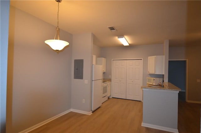 kitchen featuring electric panel, visible vents, white appliances, and white cabinetry