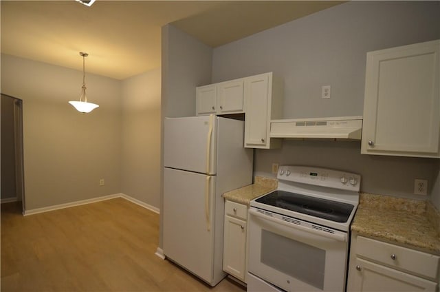 kitchen with light wood-type flooring, under cabinet range hood, white appliances, white cabinets, and baseboards