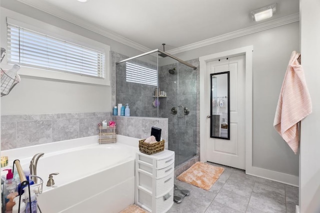 bathroom featuring crown molding, tile patterned floors, and independent shower and bath