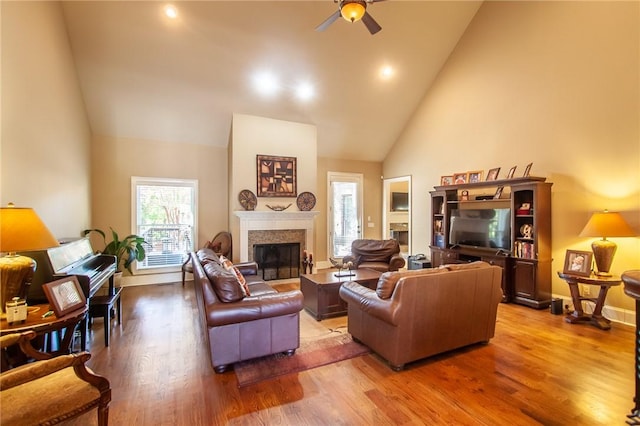 living room featuring a healthy amount of sunlight, high vaulted ceiling, and light hardwood / wood-style flooring