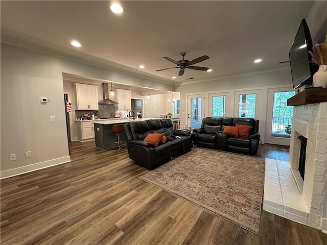 1179 Still Hunt Ln, Auburn, AL 36832 - living area featuring a ceiling fan, crown molding, a fireplace, recessed lighting, and dark wood finished floors
