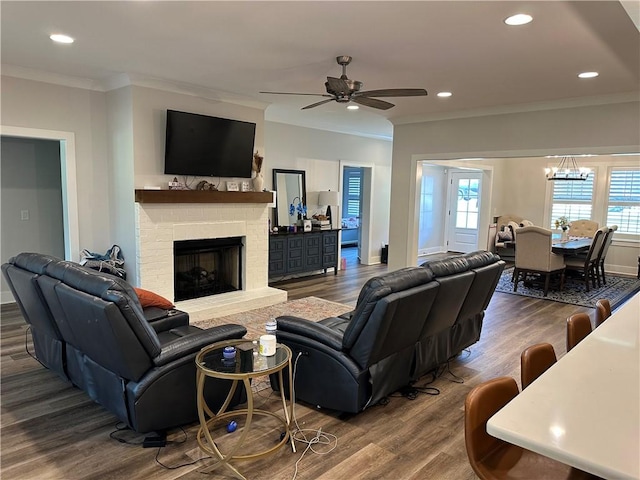 1179 Still Hunt Ln, Auburn, AL 36832 - living area featuring ornamental molding, wood finished floors, healthy amount of natural light, ceiling fan, and recessed lighting