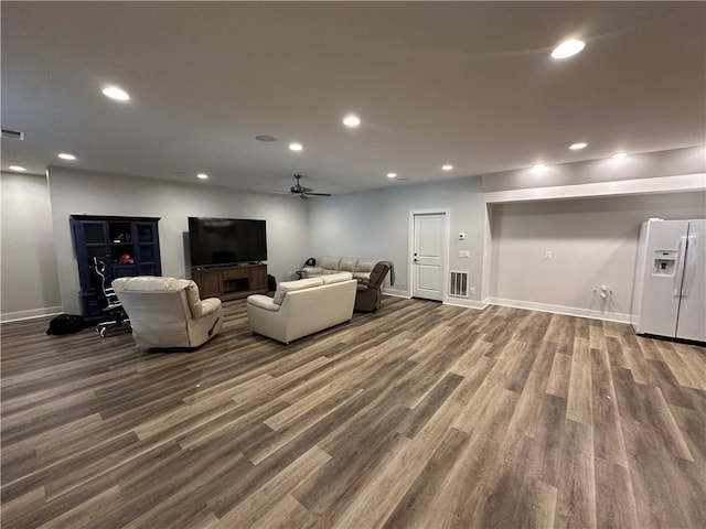1179 Still Hunt Ln, Auburn, AL 36832 - living room featuring ceiling fan, dark wood finished floors, and recessed lighting