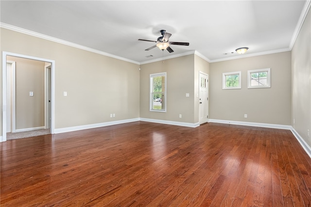 unfurnished room with crown molding, plenty of natural light, ceiling fan, and wood-type flooring