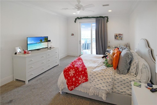 carpeted bedroom with access to exterior, ceiling fan, and crown molding