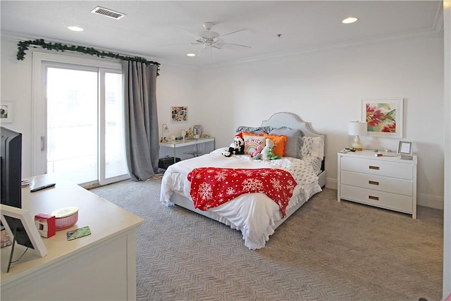 carpeted bedroom featuring ceiling fan, access to exterior, and ornamental molding