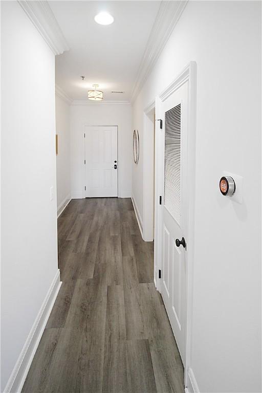 hallway featuring dark hardwood / wood-style floors and crown molding