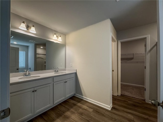 bathroom with double vanity, baseboards, wood finished floors, a walk in closet, and a sink