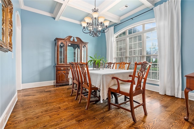 dining room with dark hardwood / wood-style flooring, ornamental molding, coffered ceiling, beam ceiling, and a chandelier