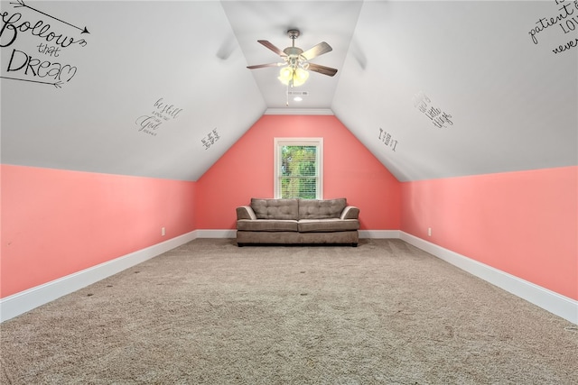 bonus room with ceiling fan, carpet, and lofted ceiling