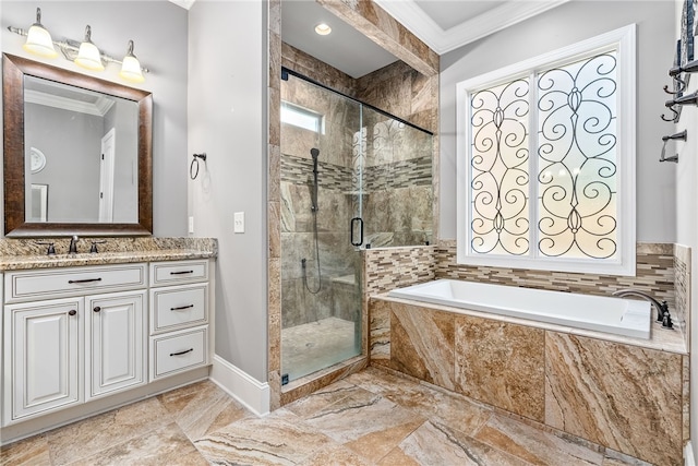 bathroom with vanity, plus walk in shower, and ornamental molding